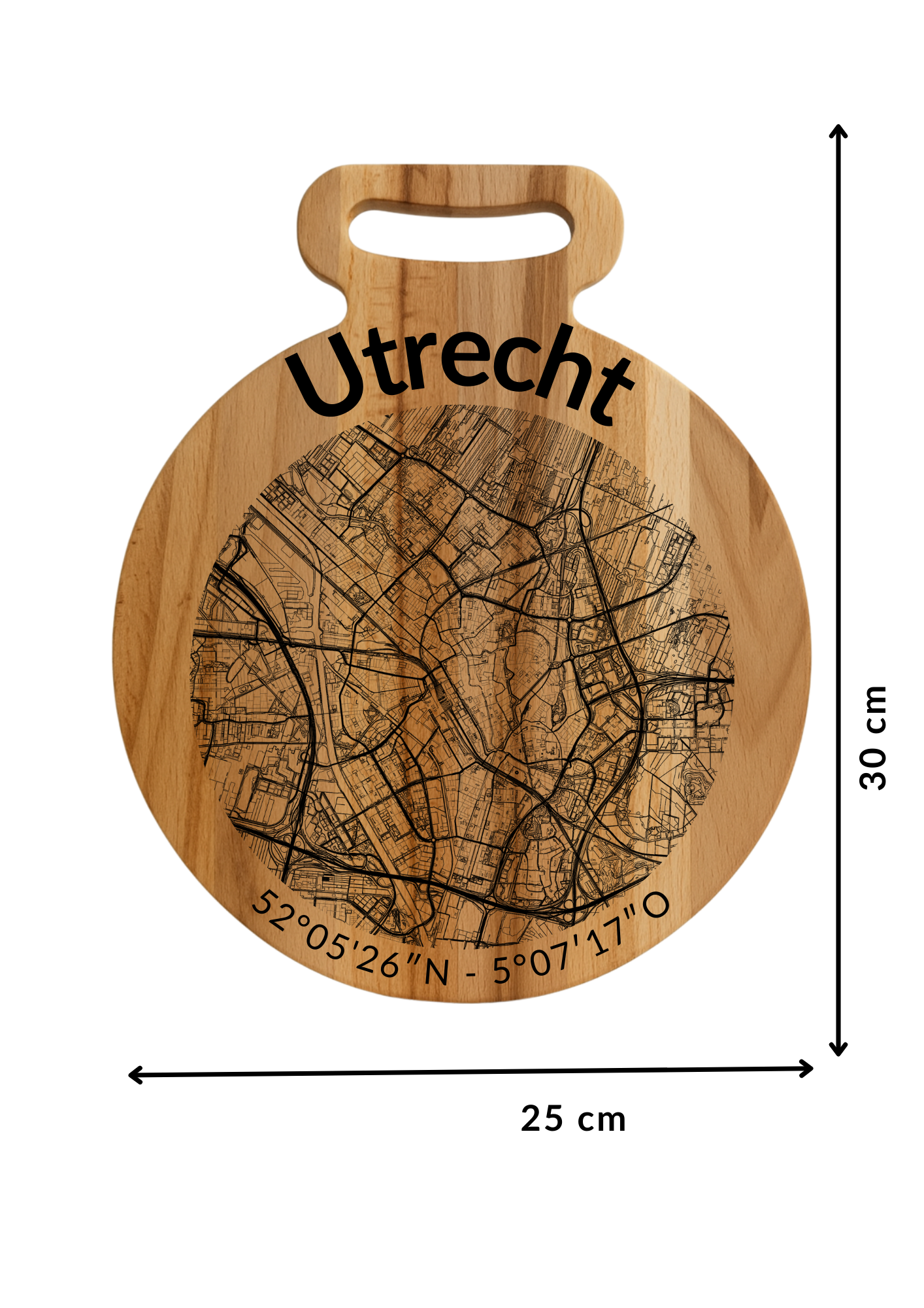 Snijplank Utrecht Rond – Borrelplank van Beukenhout met Gravure Stadsplattegrond – Oakman Objects
