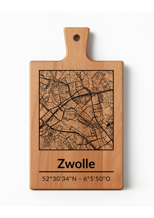 Snijplank Zwolle – Borrelplank van Beukenhout met Gravure Stadsplattegrond – Oakman Objects