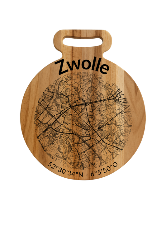Snijplank Zwolle Rond – Borrelplank van Beukenhout met Gravure Stadsplattegrond – Oakman Objects