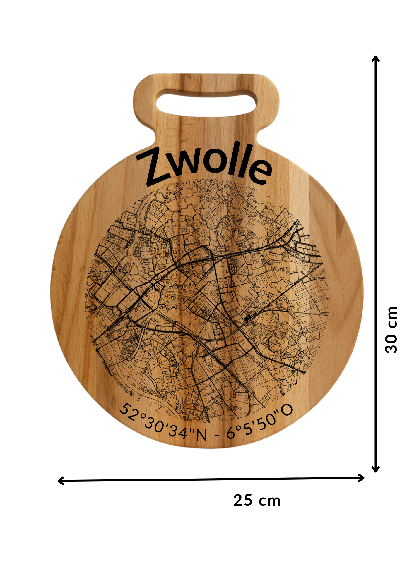 Snijplank Zwolle Rond – Borrelplank van Beukenhout met Gravure Stadsplattegrond – Oakman Objects