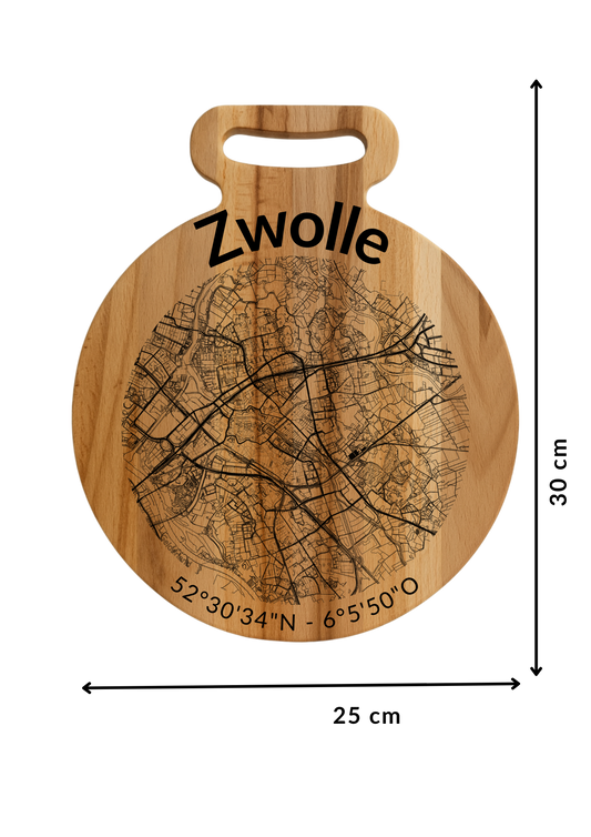 Snijplank Zwolle Rond – Borrelplank van Beukenhout met Gravure Stadsplattegrond – Oakman Objects