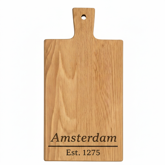 Borrelplank Amsterdam met stadsgravure op neutrale witte achtergrond