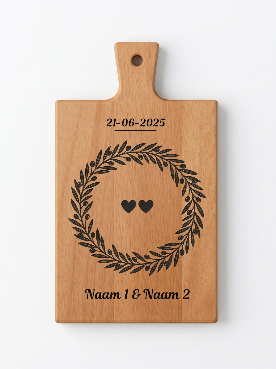 Gepersonaliseerde borrelplank met olijftakken gravure - Trouwcadeau
