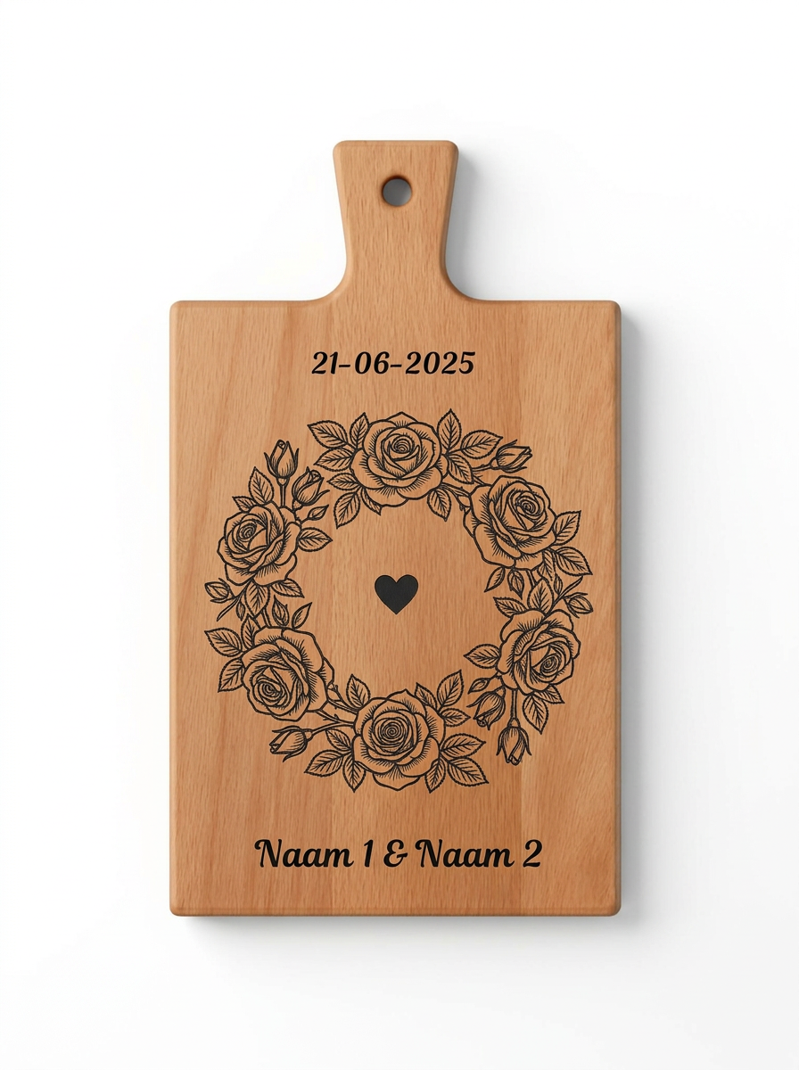 Gepersonaliseerde borrelplank met rozenkrans gravure - Trouwcadeau