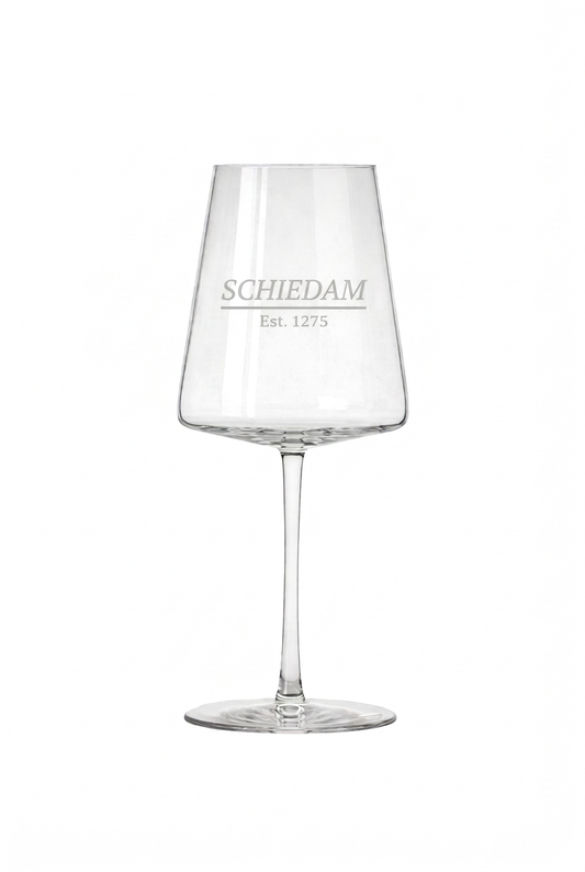 Gegraveerd wijnglas Schiedam met stadsnaam en Est. 1275