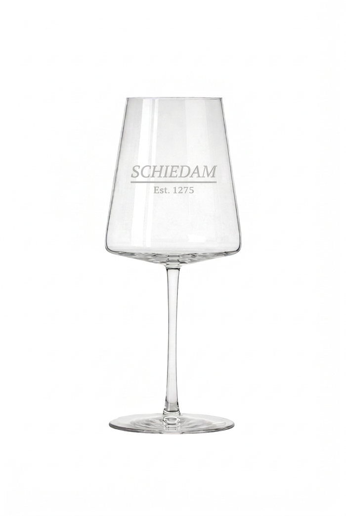 Gegraveerd wijnglas Schiedam met Stadsnaam en Stadsoprichting - Gepersonaliseerd cadeau