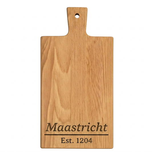 Borrelplank Maastricht met stadsgravure op neutrale witte achtergrond