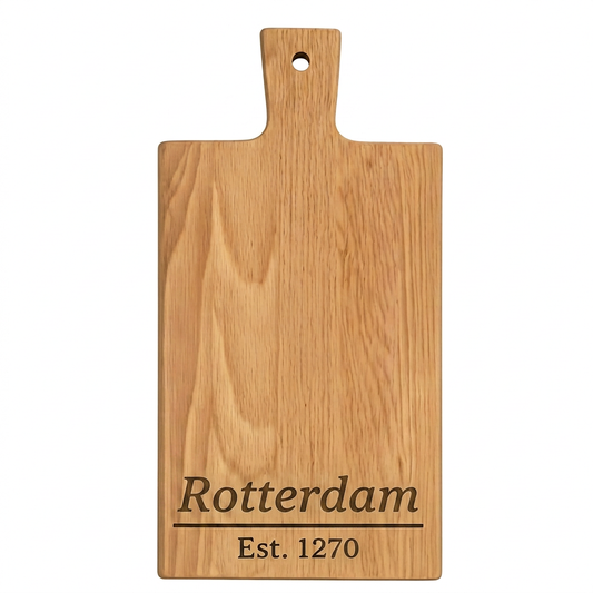 Borrelplank Rotterdam met stadsgravure op neutrale witte achtergrond