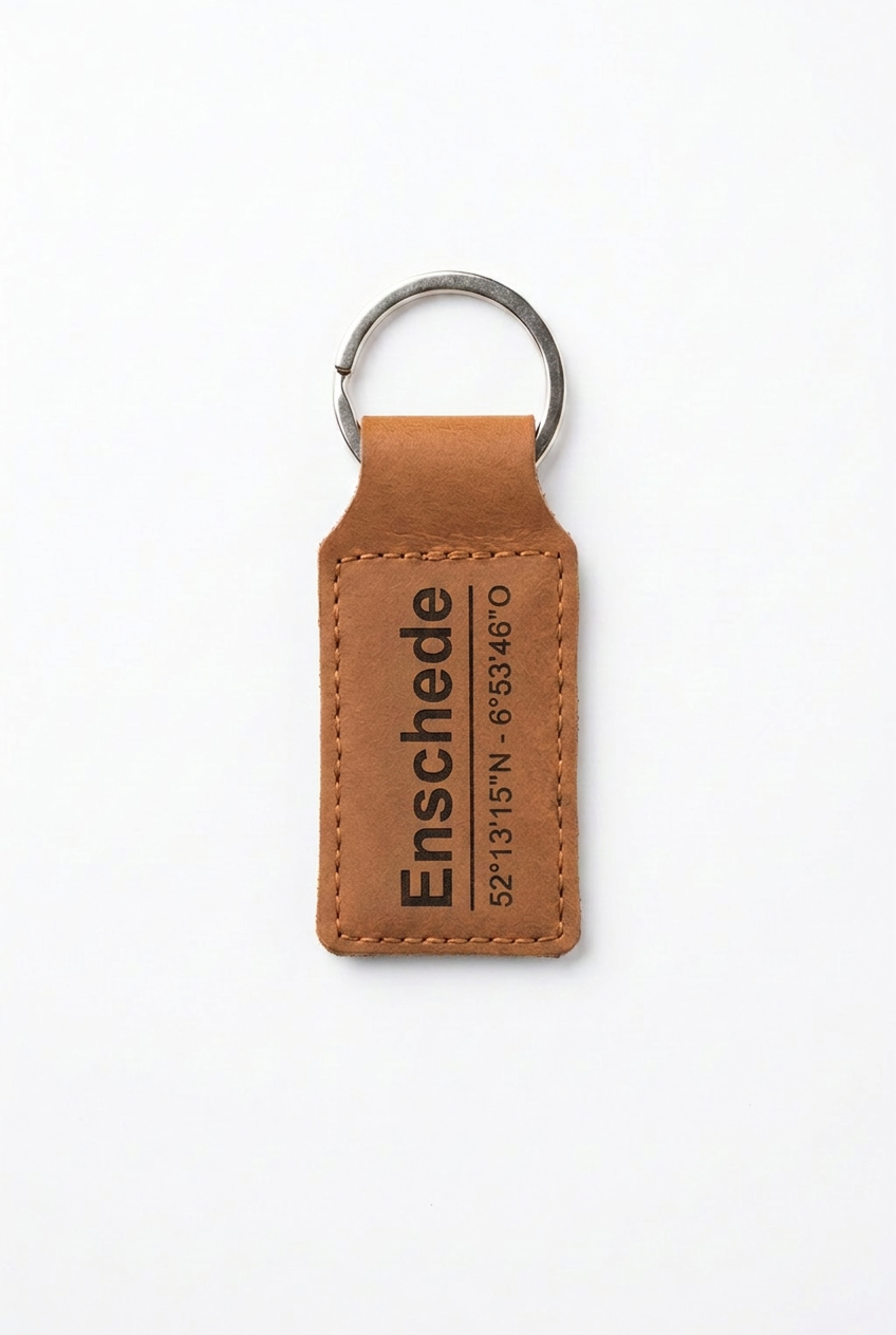 Leren sleutelhanger Enschede - Handgemaakt persoonlijk cadeau