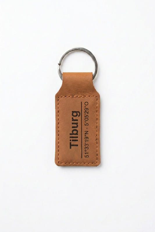 Leren sleutelhanger Tilburg met coördinaten - OakMan Objects