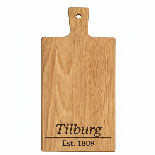 Borrelplank Tilburg met stadsgravure op neutrale witte achtergrond